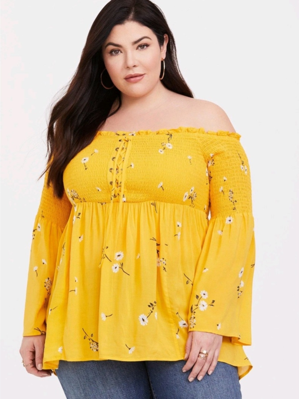 torrid Yellow Off-Shoulder Floral Lace-Up Smocked Tunic